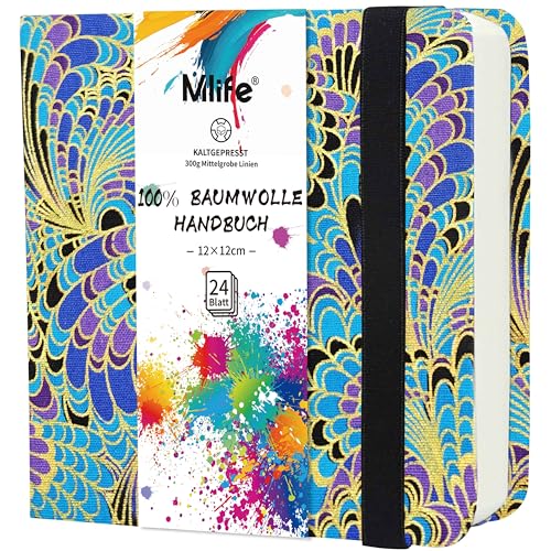 Mlife Square Watercolor Sketchbook 100% Cotton 300gsm/140lb Acid-Free Watercolor Journal for Artists Adults Students 4.7 * 4.7 Inches(Blue Feather)
