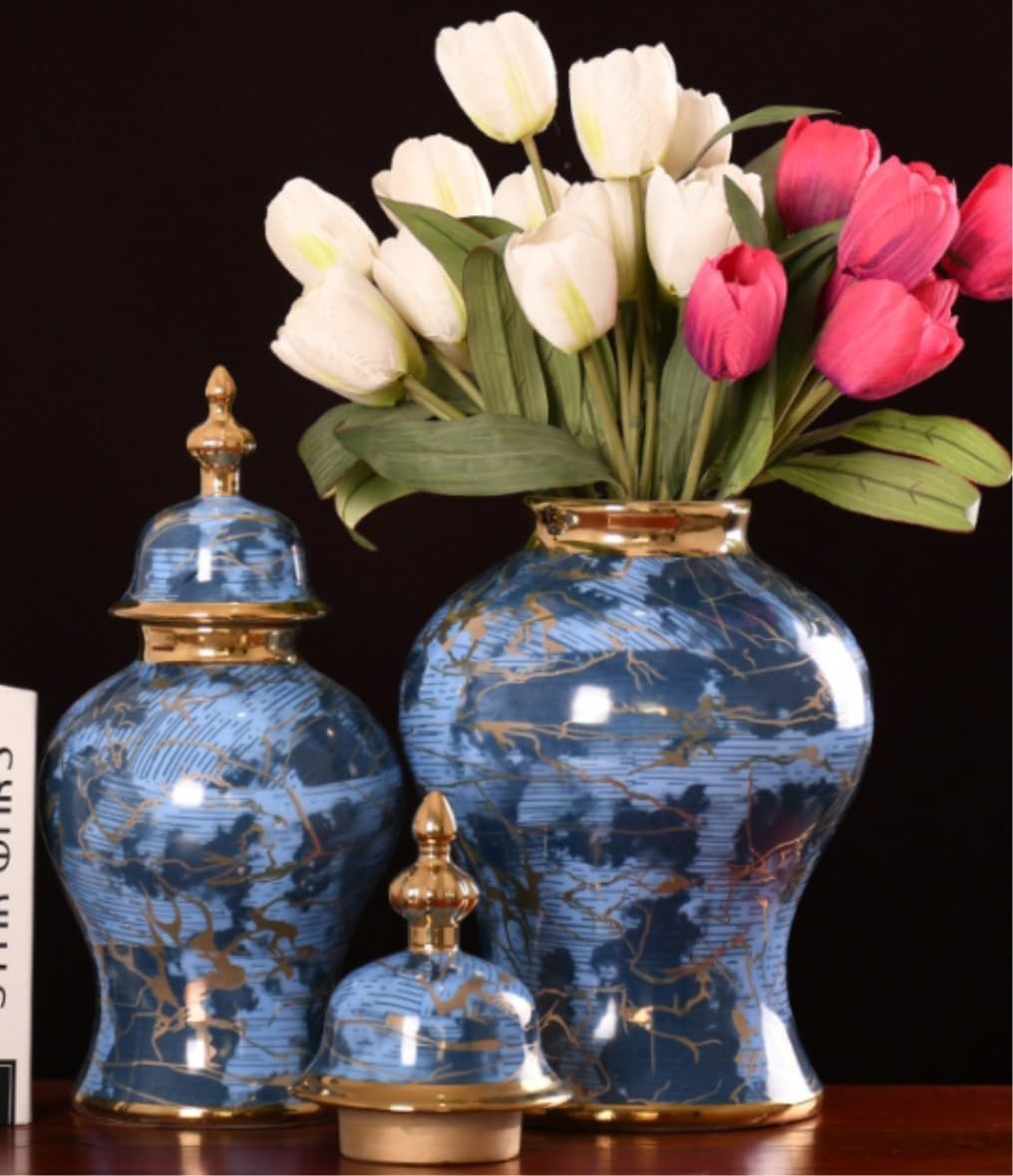 Food Storage Jar,Decorative Jar Ginger Jar Vase Decor Ceramic Ginger Jar Contemporary Decorative Jar Accent Home Or Office Table Decor Kitchen Canister Ginger Jars Storage,Blue-26 * 48Cm