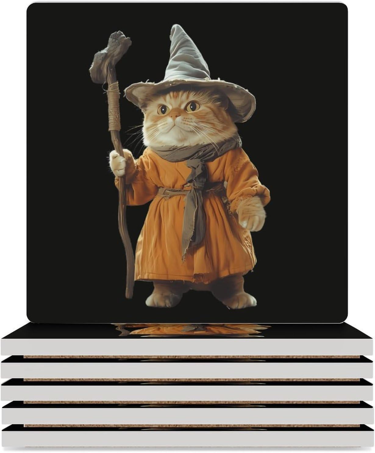Wizard Weird Halloween Cat Funny Ceramic Coasters for Drinks Absorbent Cup Holder Tabletop Protector with Cork Base