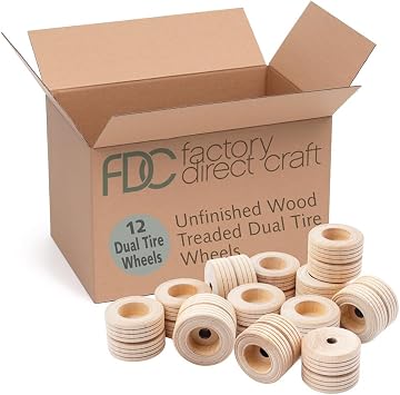 Pack of 12 Unfinished Wooden Treaded Dual Tire Wheels - Mini Wood Wheels for Crafts, Woodworking, Making Model Semi Tractor Trailer Trucks, Model RV Campers, and Motor Homes 2 Inches Dia