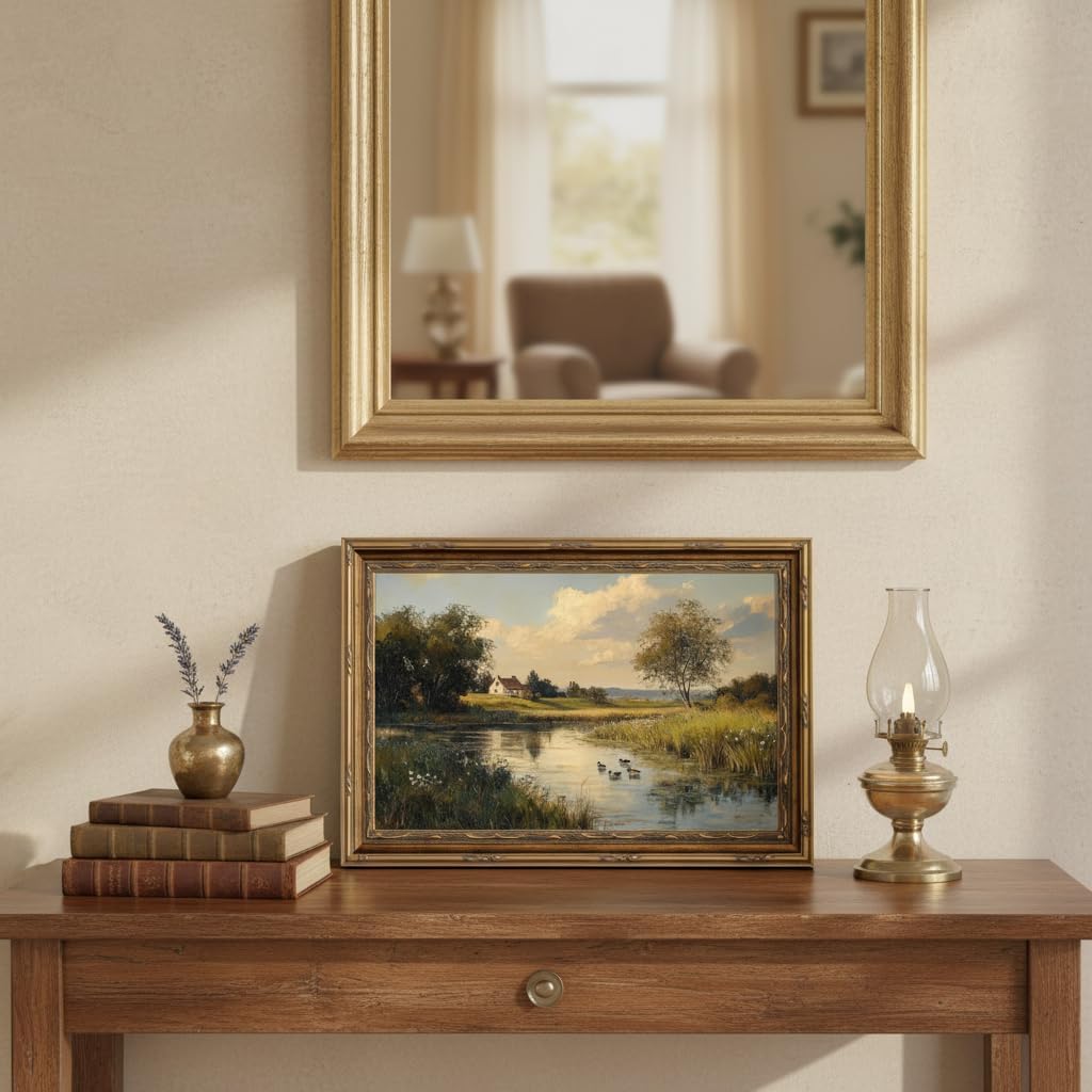 YVSRLX Framed Vintage Landscape Wall Art, Countryside Lake Scenery Canvas Painting with Retro Gold Carved Frame, Cottagecore Rustic Decor for Living Room Bedroom, Damage-Free Hook and Loop