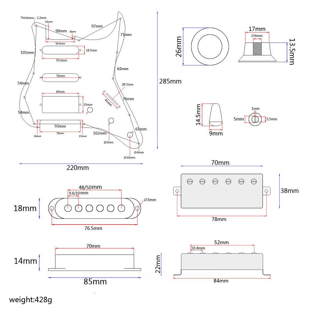 Golpeador SSH precableado para Stratocaster, 3 capas de guitarra eléctrica con juego de pastillas Humbucker, color negro con pastillas Alnico V de bobina única, piezas de repuesto