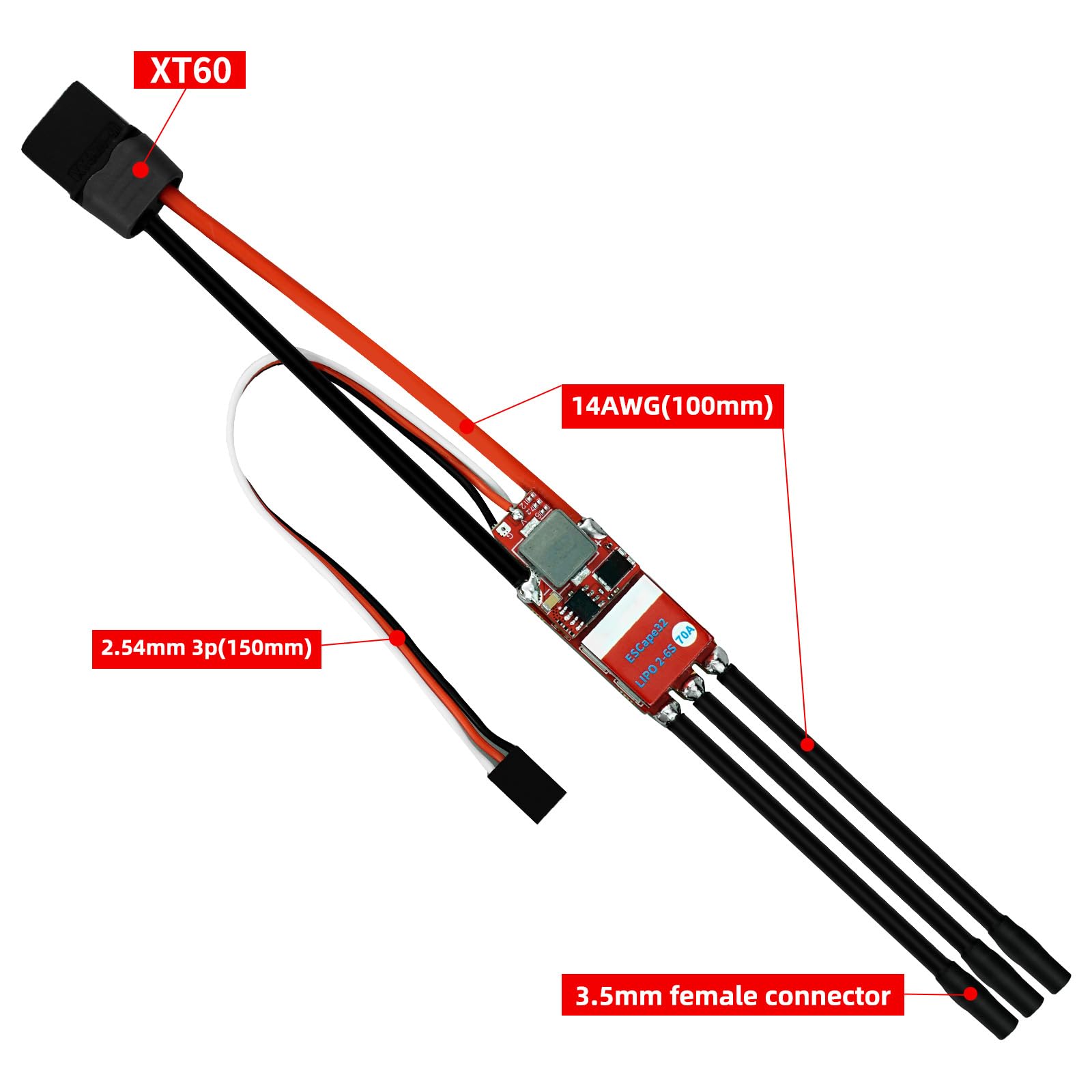 Bürstenloser ESC 2-6S Lipo, 70A Elektrischer Geschwindigkeitsregler 128KHz XT60 Stecker für RC Motor, ESC mit 5V 4A BEC für RC Raupenwagen, RC Auto Schiff Modelle - ESCape32