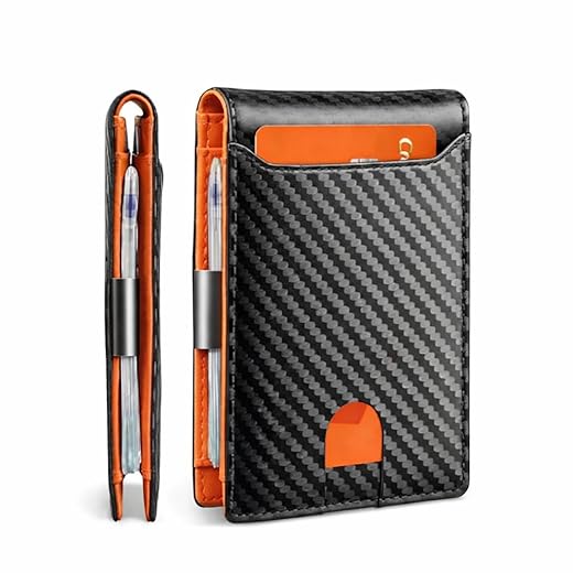 Carteira Slim Masculina RFID Antifurto com Ejeção Rápida, Porta Cartão Alumínio, Compacta Premium, Fibra de Carbono e Couro Sintético