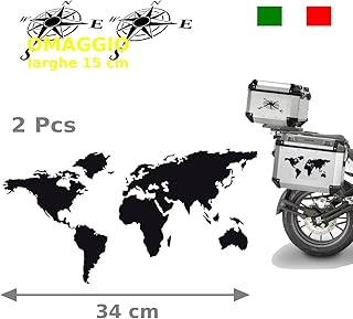 nuovo Generazione 2 Adesivi Stickers Planisfero mappamondo da 34 cm + omaggio 2 adesivi rosa dei venti da 15 cm valigie per moto enduro adventure Trail off Road Sport 4x4 per Auto o Moto (Nero Lucido)