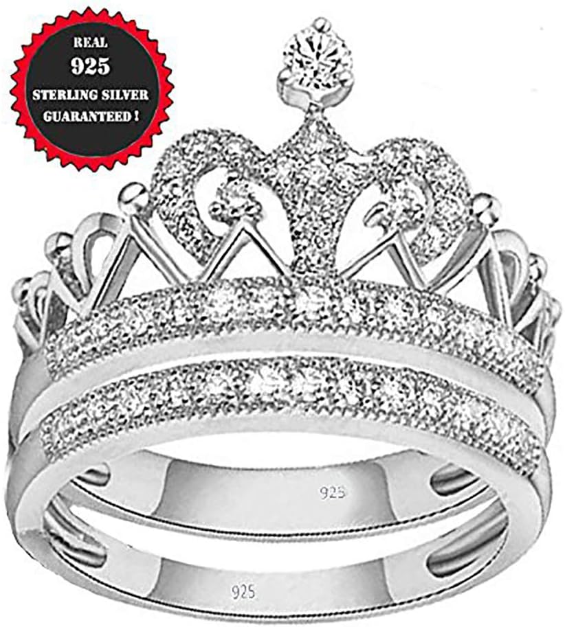 Princess Crown Tiara Ring Real 925 Sterling Silver Wedding Engagement Crown 2 pc set 2.00ct Women Ladies