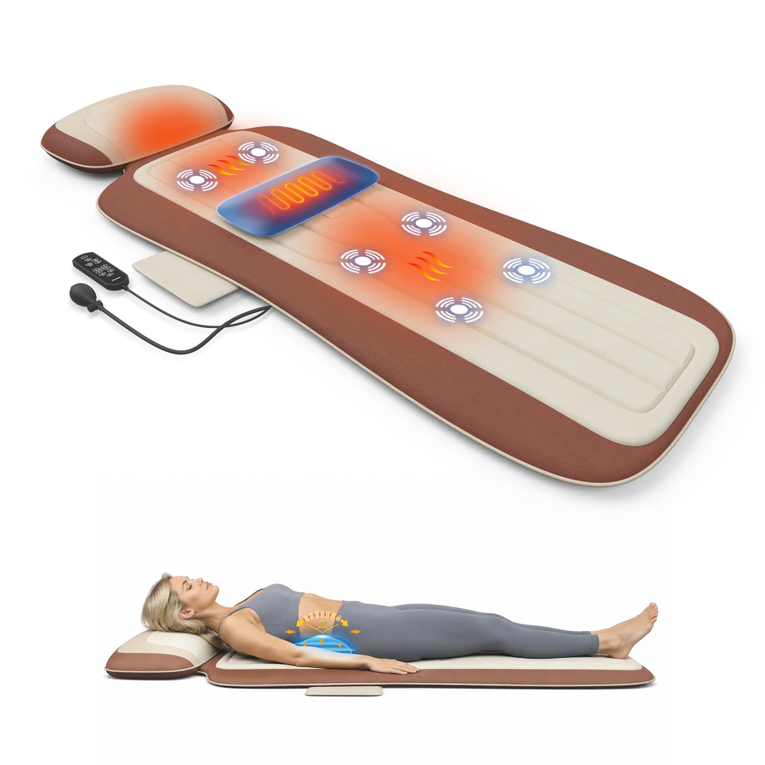 Full Body Vibration Massage Mat with Heat, Adjustable Lumbar Support, Massage Pad for Bed, Sofa & Recliner, Full Body Massage Pad for Home Relaxation