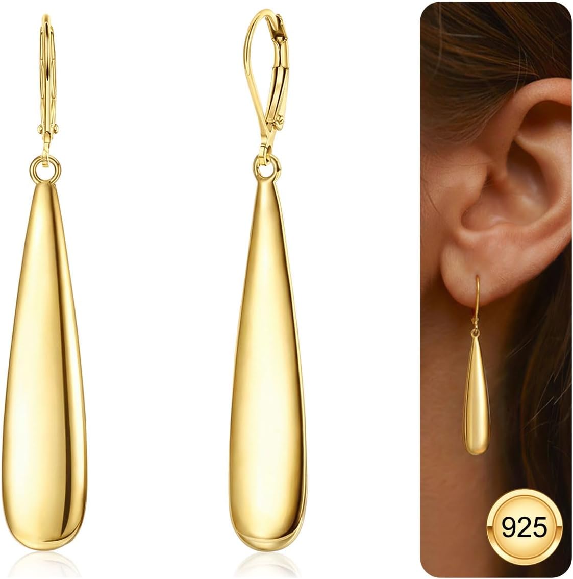 925 Sterling Silver Long Twisted Dangle Earrings for Women 14K Gold Plated Waterdrop Earrings Hypoallergenic Leverback Earrings Drop Earings for Jewelry Gifts