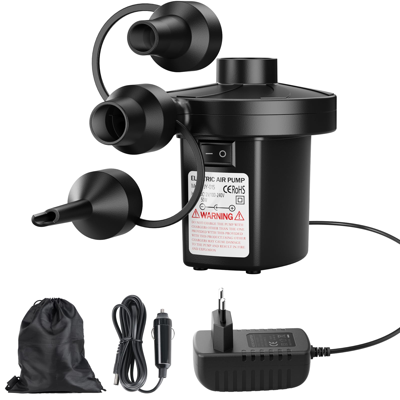Elektrische Luftpumpe, Luftpumpe für luftmatratzee mit 3 Düsen, 240V AC / 12V DC, Inflate und Deflate Elektrische Pump für Camping im Freien, Luftmatratzenbetten, Boote, aufblasbare Kissen