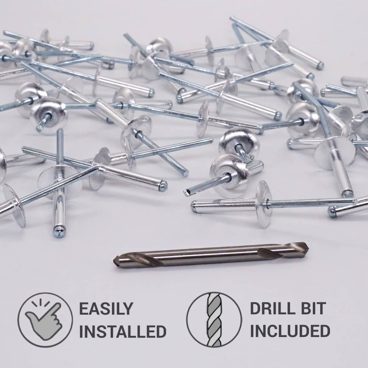 SKIR'CO (150 pcs) Large Flange Aluminium Blind Rivets 4.8 x 24 mm, Steel Mandrel, Drill Bit Included, Silver - Image 3
