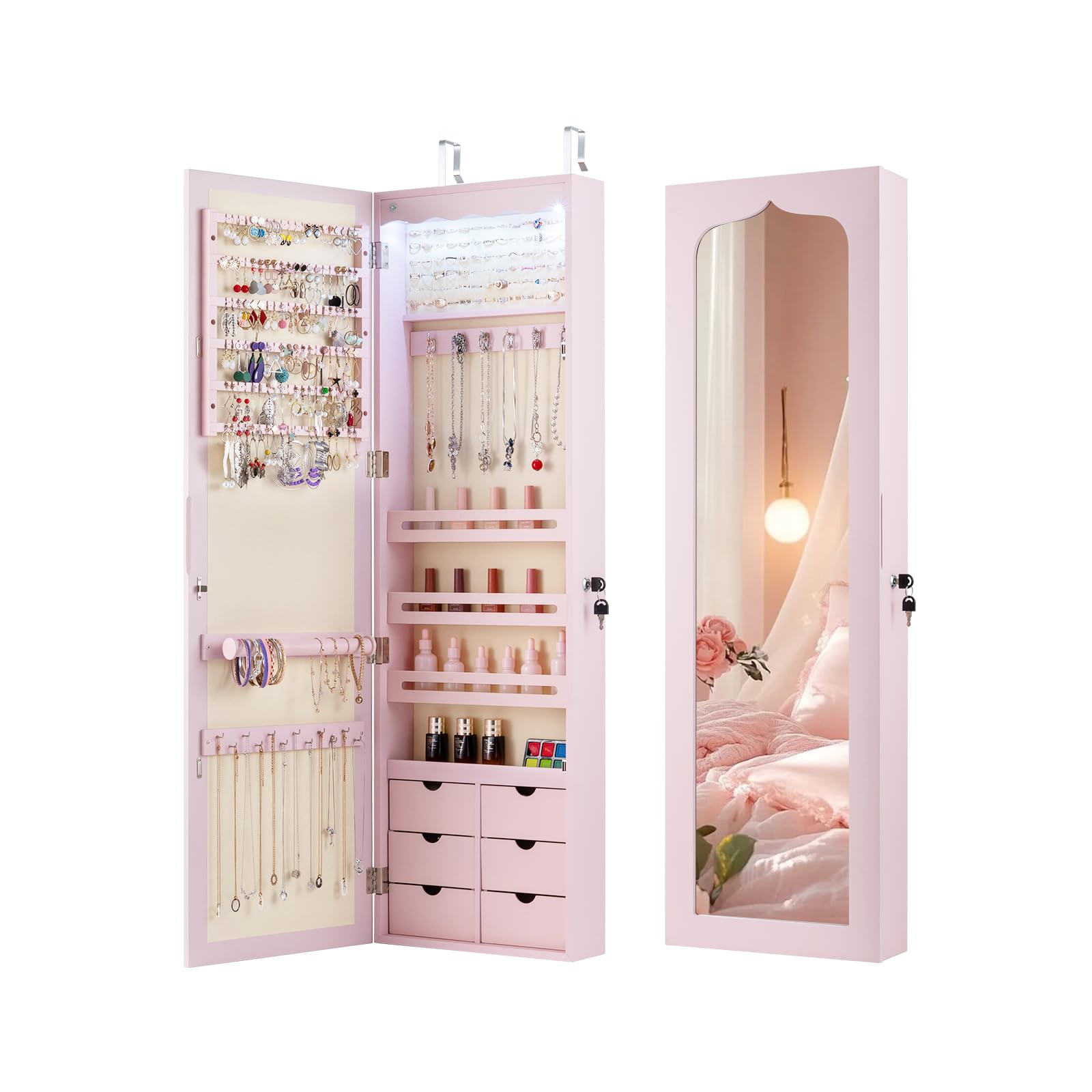 RELAX4LIFE Schmuckschrank mit automatischen LEDs, Schmuckregal mit 6 Schubladen & 3 Lagerregalen & Spiegel, Schmuckorganizer für Ohrringe Armband Kette Ringe Kosmetik, Tür- & Wandmontage (Rosa)