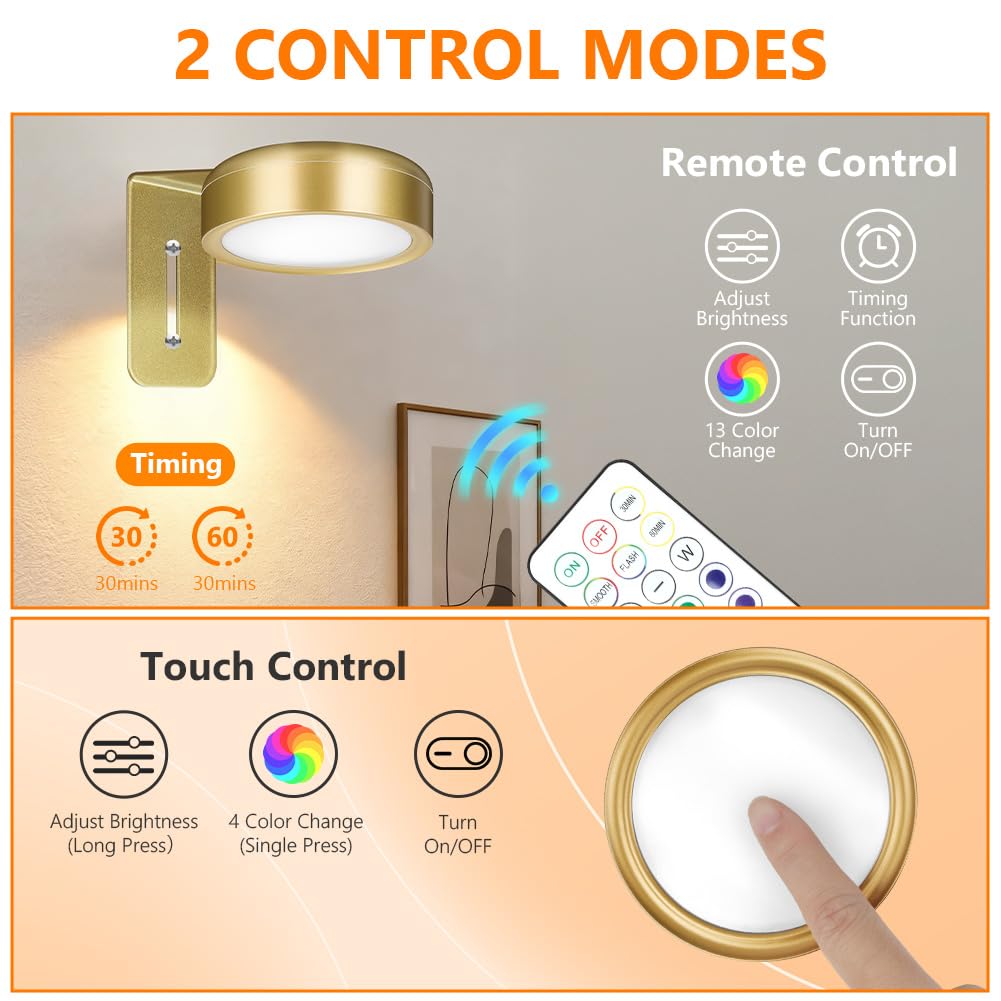 Luce per Quadri Senza Fili con Telecomando, 3PCS Luce per Quadro Senza Fili, 13 RGB Luci LED Magnetiche Wireless Ricaricabili, Timer Dimmerabile per Esposizione Pittura Vetrina, Oro