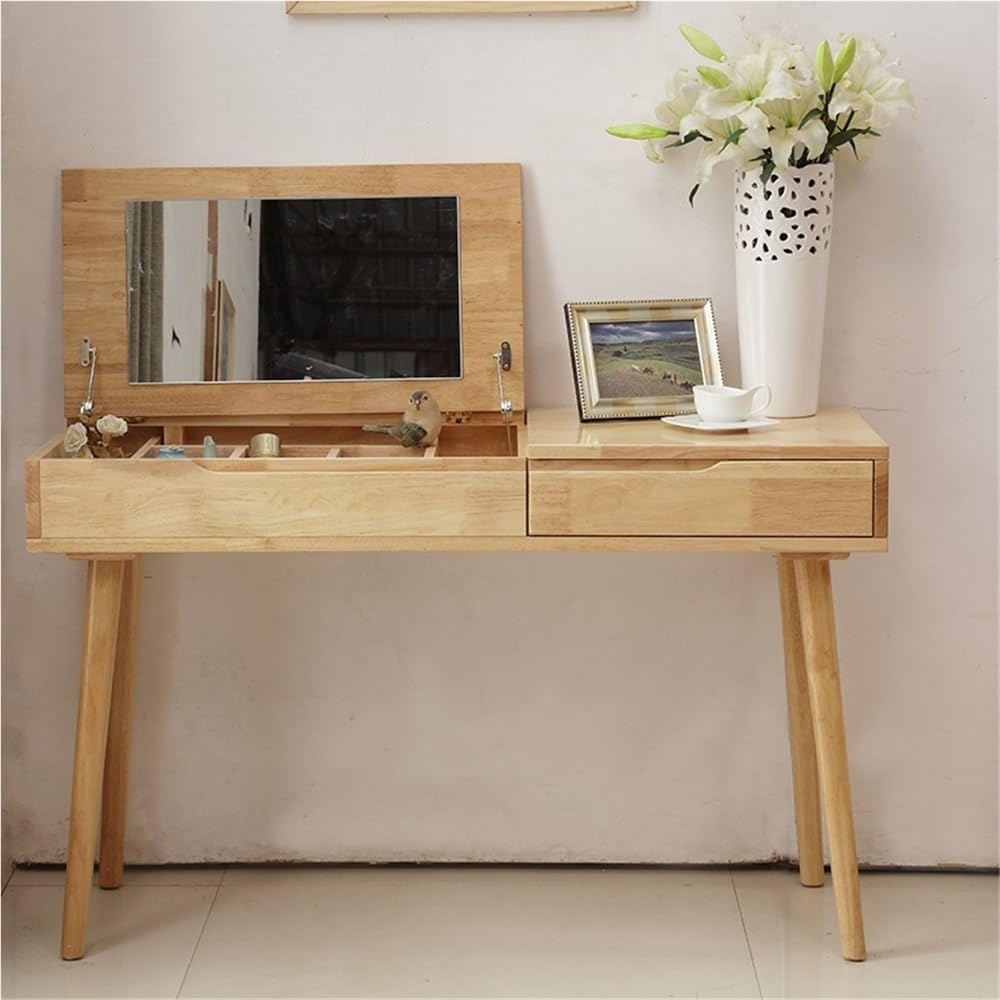asdchZen Solid Wood Vanity Table With Mirror & Drawers, Compact Makeup & Writing Desk, Durable 100Cm Storage Solution For Dressing Room, Stylish & Functional Furniture,100CM