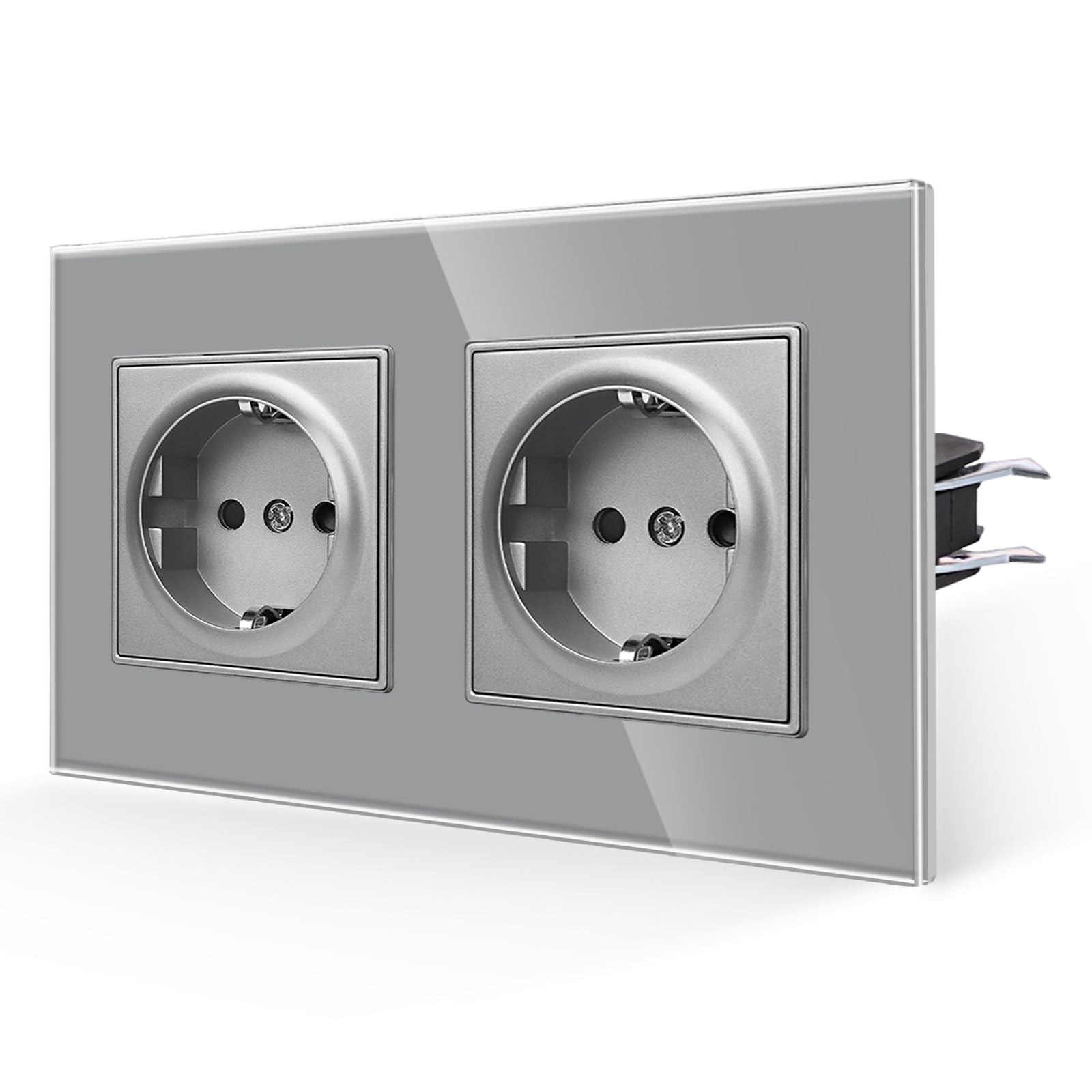 JIMEIDA Doppelsteckdose Glas 2 Fach,16 Amp Gehärteter Glasscheibe Standard Steckdose Grau Schutzkontakt Wandsteckdose 157 * 86mm 250V
