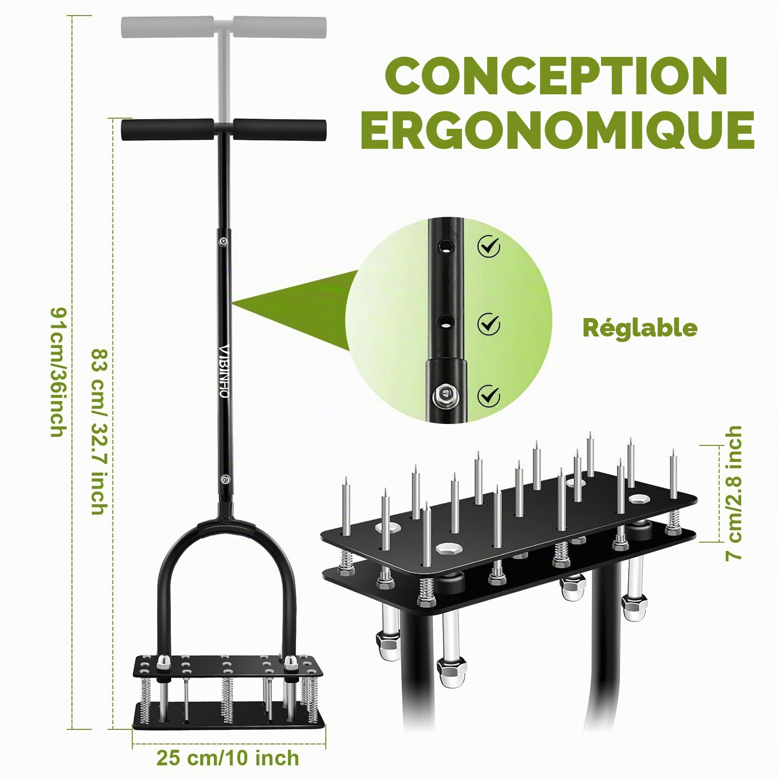 Aérateur Gazon, 15 Pointes en Fer Aérateurs de Gazon Manuels, Nettoyage Automatique des Feuilles et des Saletés, Réglable en Hauteur Aeratore Prato pour Entretien de la Pelouse, Jardin