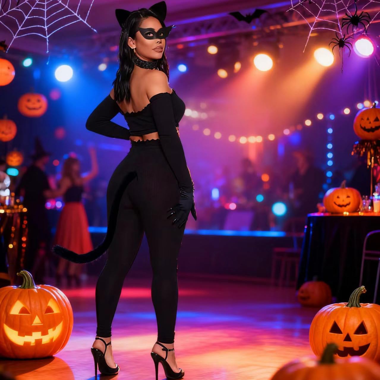 Halloween Cat Costume Accessories for Women, 5PCS Cute Black Cat Mask Ears and Tail Set, CatClaw Gloves Necklace for Adults Party Masquerade Cosplay - Image 7