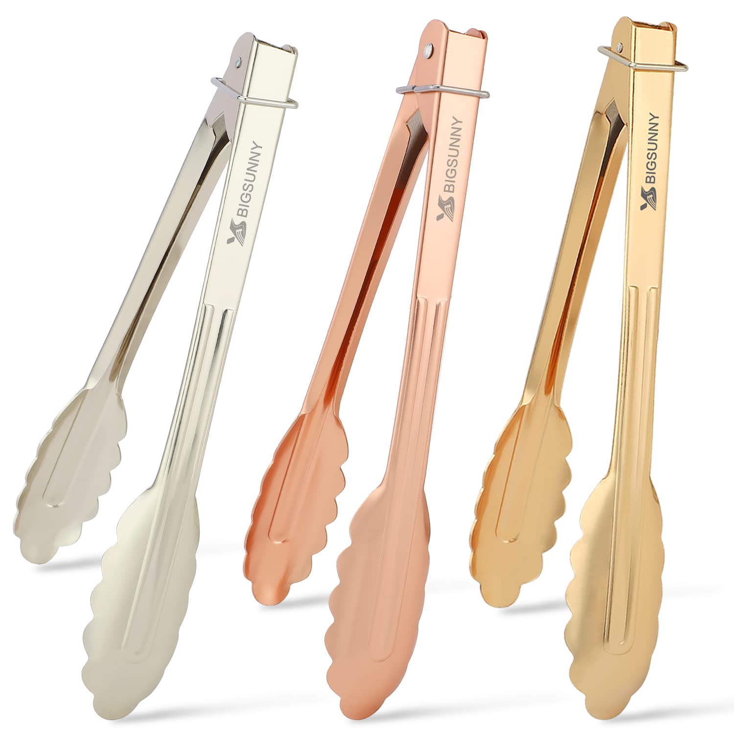 MSY BIGSUNNY 9 Inch Kitchen Food Tongs, Set of 3 Multicolor Aluminium Tongs with Scalloped Tips — image 1