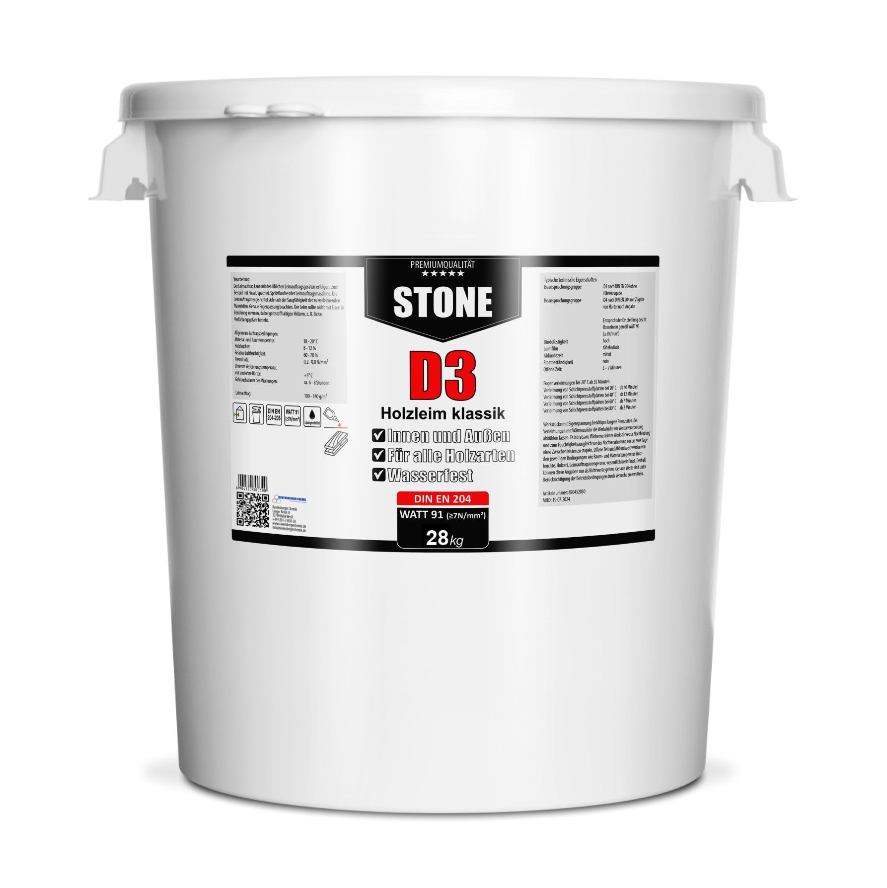 STONE D3 Holzleim Klassik – 28 kg Gebinde, wasserfest, für Innen & Außen, DIN EN 204 zertifiziert, starker Holzleim für Möbelbau, Tischlerei & Handwerk