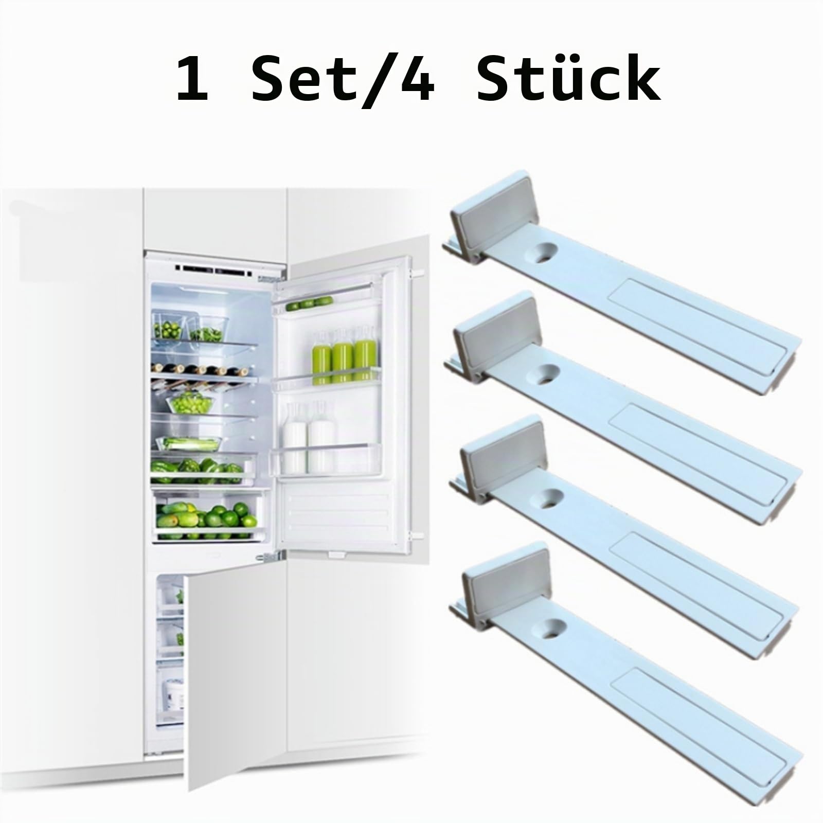 4 Stück Kühlschrank-Schubladen-Gleitschiene for integrierte Kühlschranktür, Kunststoff-Montagehalterung, Befestigung versteckter Art Gleitregal-Schienen-Set