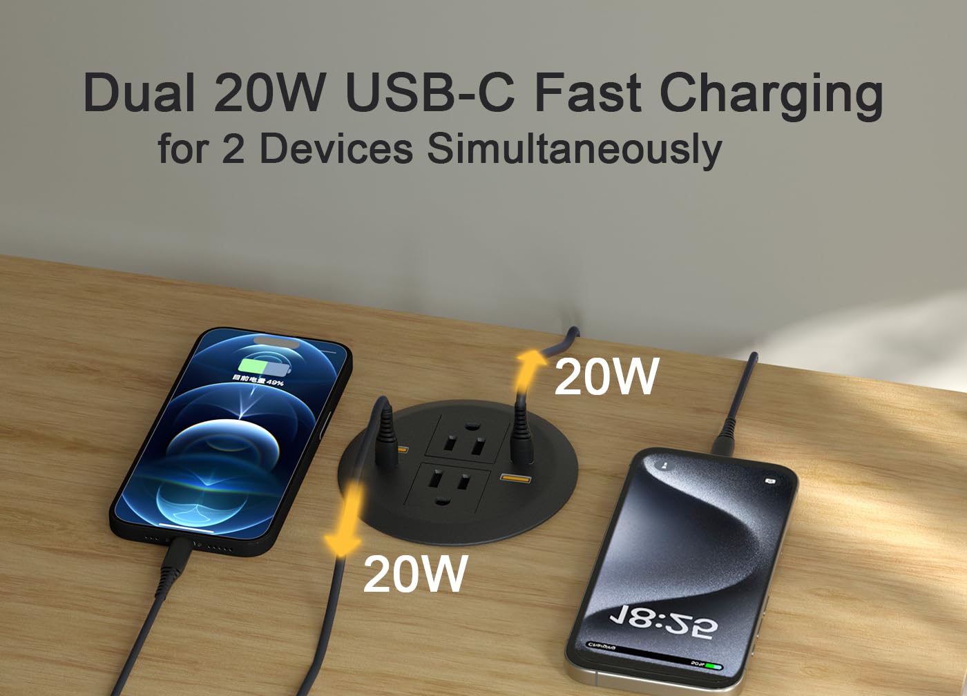 3-calowa przelotka zasilania biurka, podwójna PD20W USB-C, 4-USB