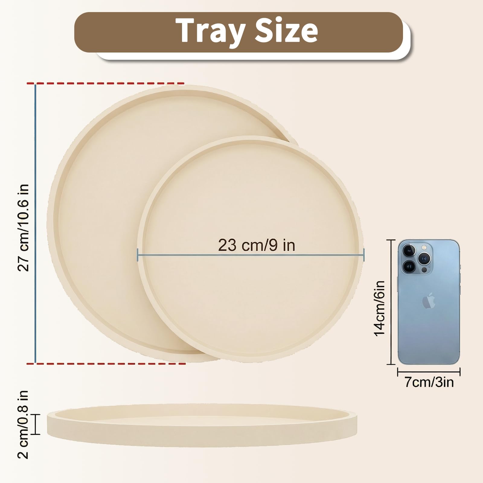 Dekorative Silikontablett, rundes Tablett mit 27 cm Durchmesser, Kosmetiktablett, rutschfest, leicht zu reinigen und bruchsicher, geeignet für Schlafzimmer, Wohnzimmer, Badezimmer (Beige) - 5