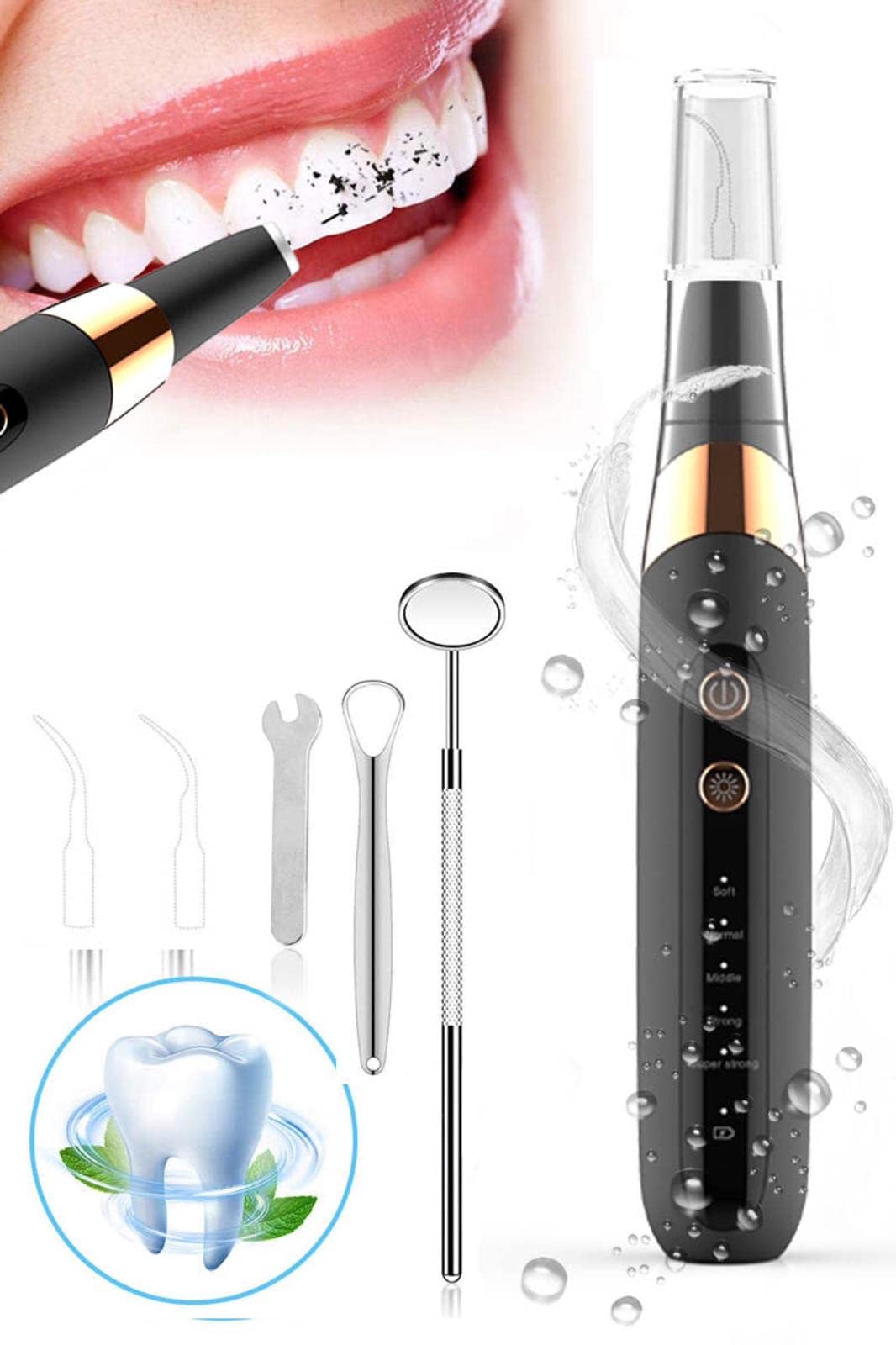 Tooth Cleaning Kit with 5 Modes Removes Calculus, Dental Plaque, Smoke Stains and Tartar, Waterproof, LED Lamp, Rechargeable, Professional Kit (Black)