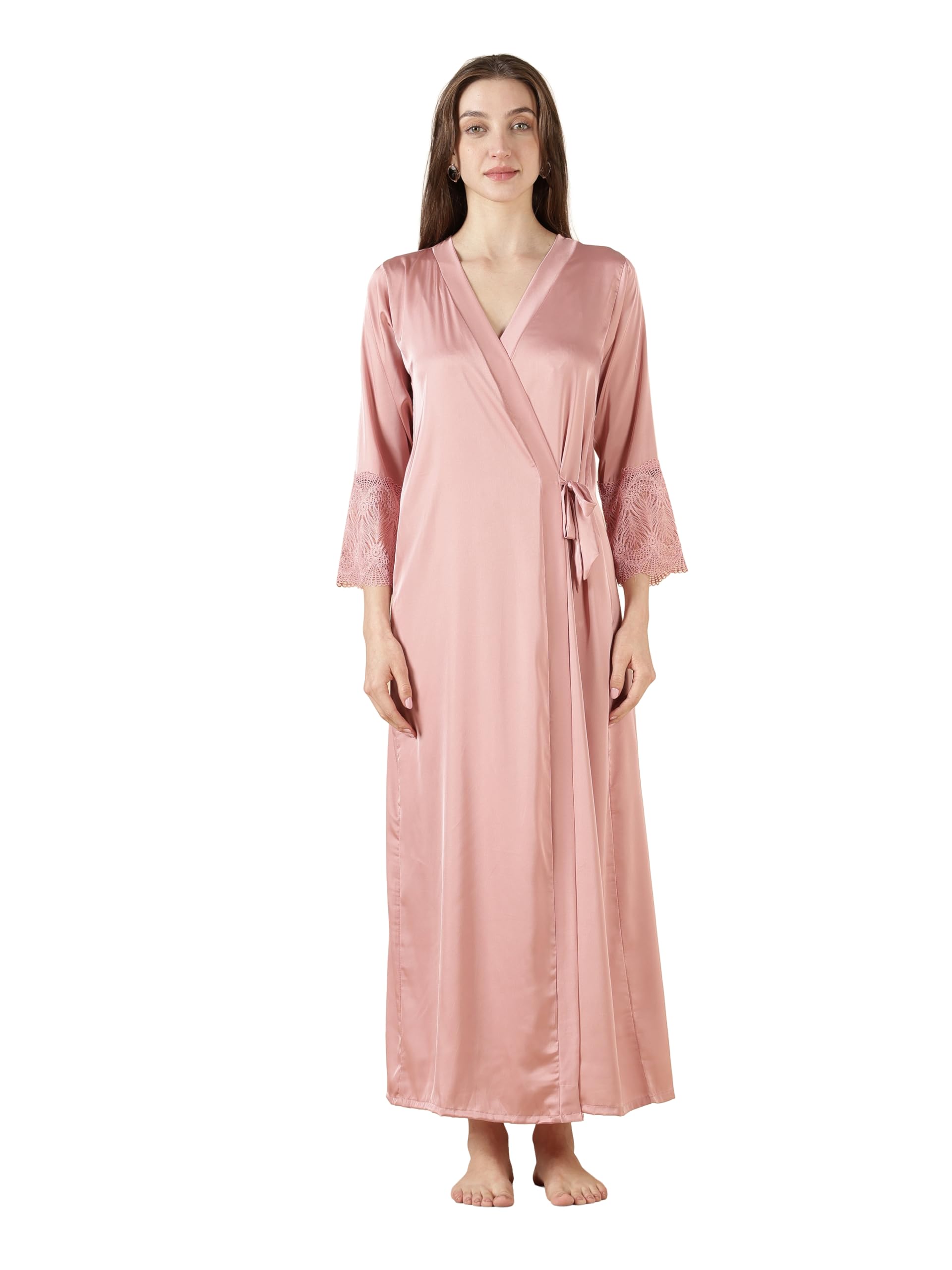 9shines label Satin Maxi Night Gown Bridal Nighty Set || 2-Piece Long Robe & Short Gown Free Size with Delicate Lace for Women || Honeymoon Dress (9S-BD-LRS)-picture-12