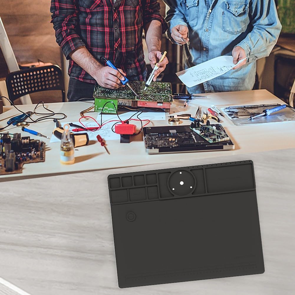 Widerstandsfähige Silikon Lötmatte TE-711, Hitzebeständige Arbeitsunterlage 45x35cm, Rutschfeste Reparatur Matte für Elektronik, Uhren und Handys, Schwarz