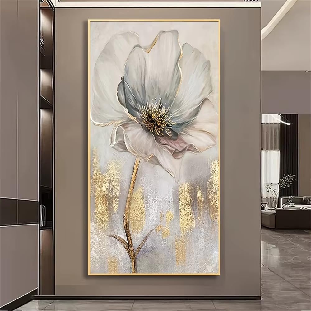 AEFOUU Elegant Golden Foil Flower Wall Art Print, Modern Luxury Decor Corridor Background Modern Wall Art Artwork Picture(35x70cm/14x28in/Frameless)