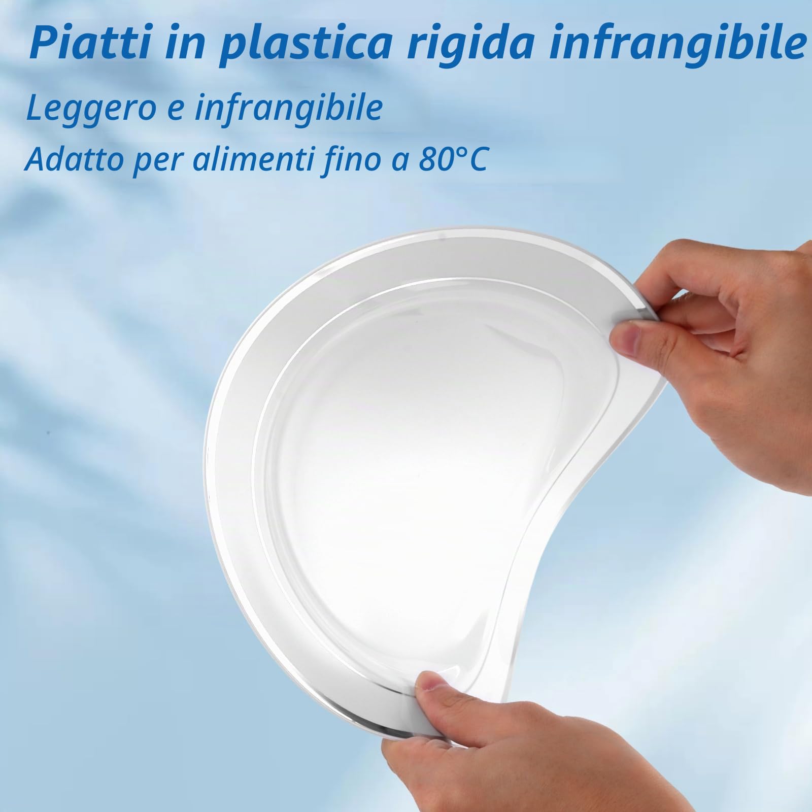 Set di 40 piatti di plastica bianchi, 26 cm, riutilizzabili, con bordo argentato, per matrimoni, compleanni, feste