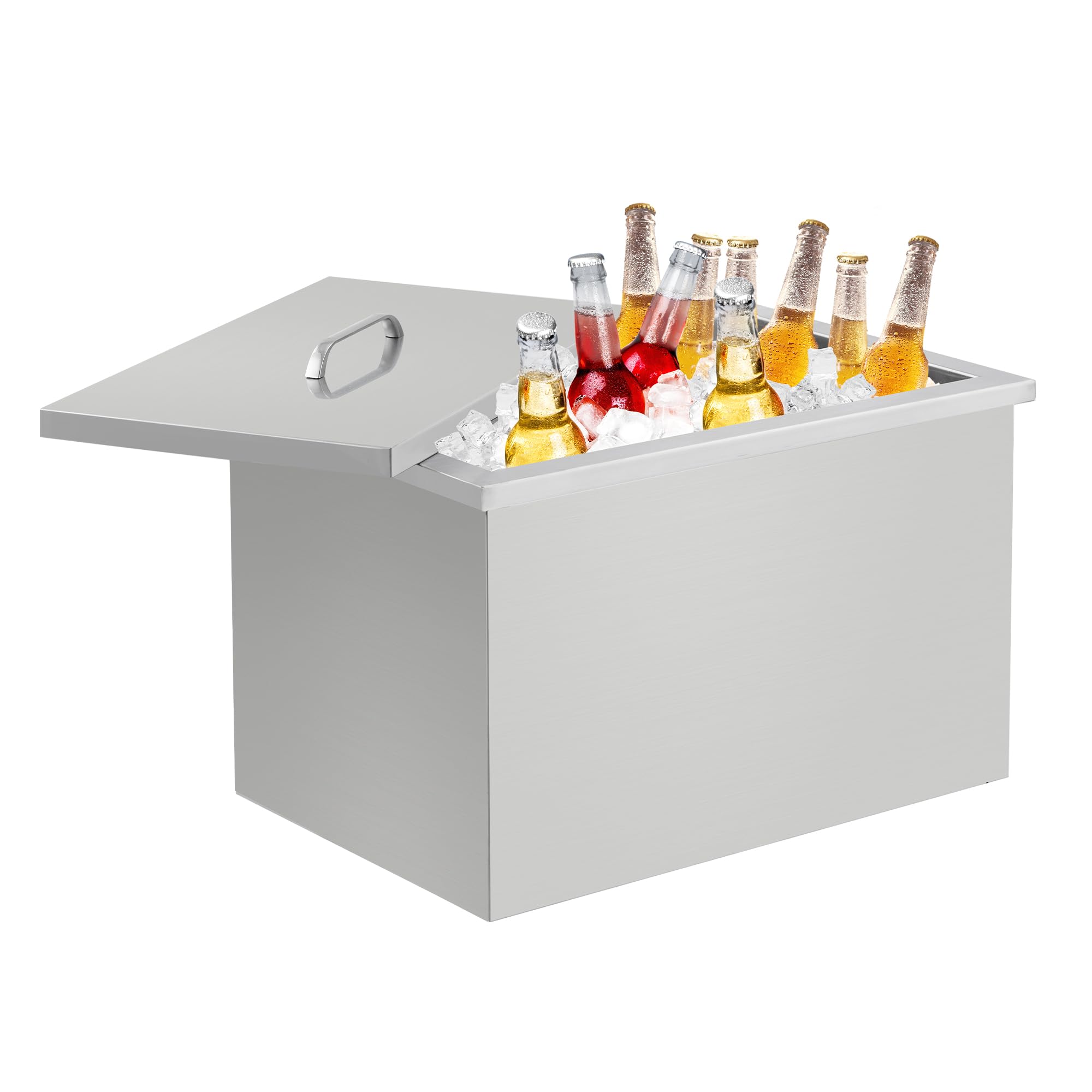 Edelstahl Einbau-Eisbox 51 × 33 × 31 für Outdoor-Küche & Party, Ablaufrohr & Stöpsel, Ideal zur Kühlung von Eis, Getränken, Wein & Bier, Tragbarer Deckel, Silber