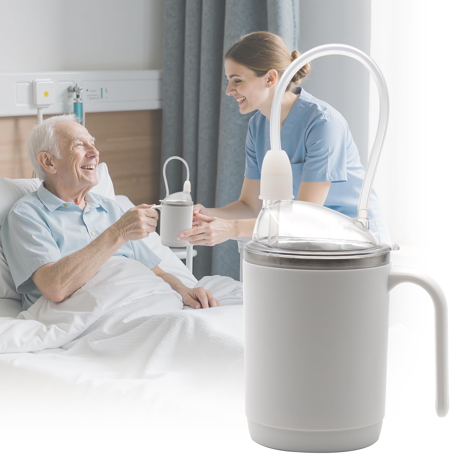 Adult Sippy Sup for Elderly 13.5oz Stainless Steel Spill Proof Cup with Straw, 3 in 1 Elderly Sippy Cup with 2 Lids, Suitable for Seniors Disabled Patients Limited Mobility