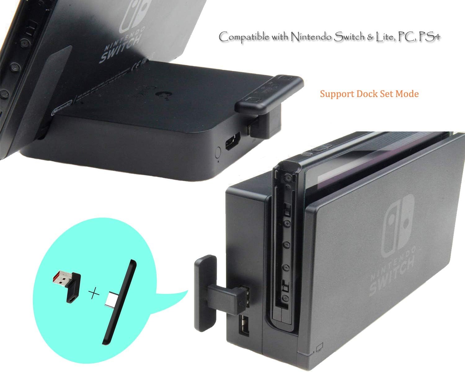 GuliKit NS07PRO Bluetooth Adapter connected to a Nintendo Switch dock via USB-A adapter.
