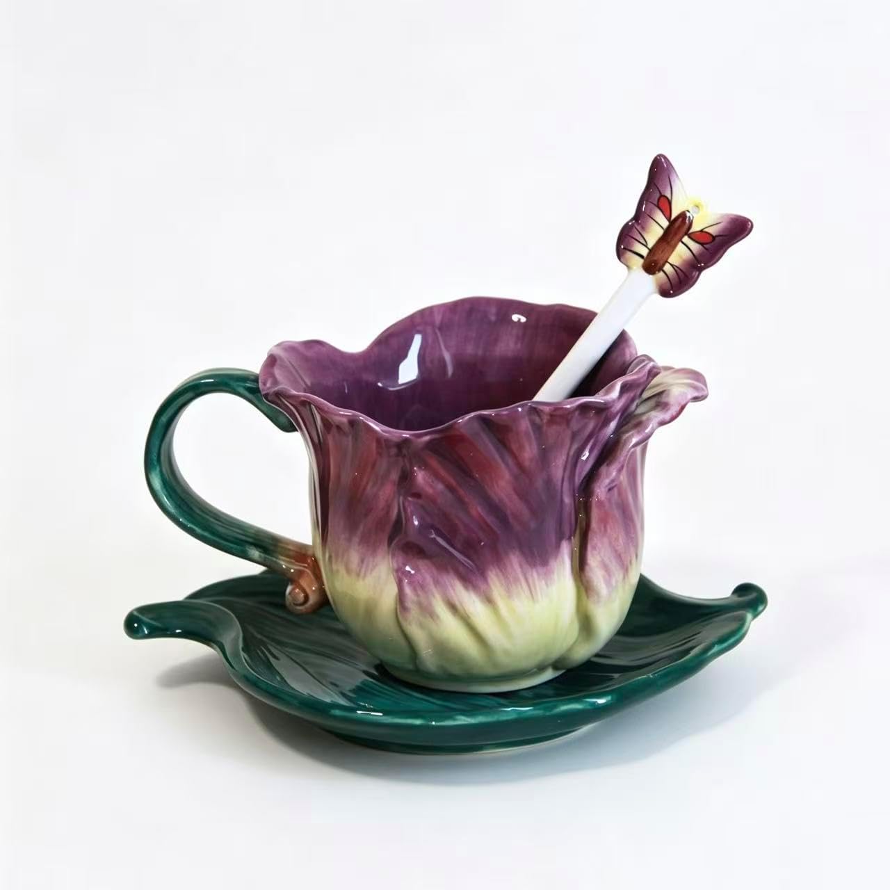 Ceramic Tea Cup and Saucer Set ,6OZ 3D Hand-Painted Flower and Lotus Leaf Coffee Mug,Gift for Women- Purple Tulip