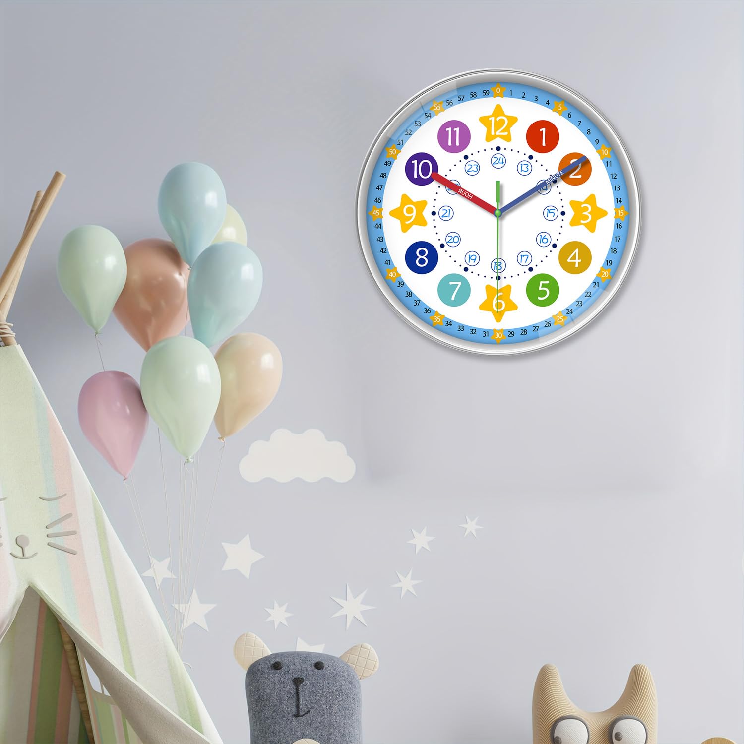 XFM Große Wanduhr für Kinder, 40,6 cm, leise Wanduhren, batteriebetrieben, bunte Wanduhr für Klassenzimmer