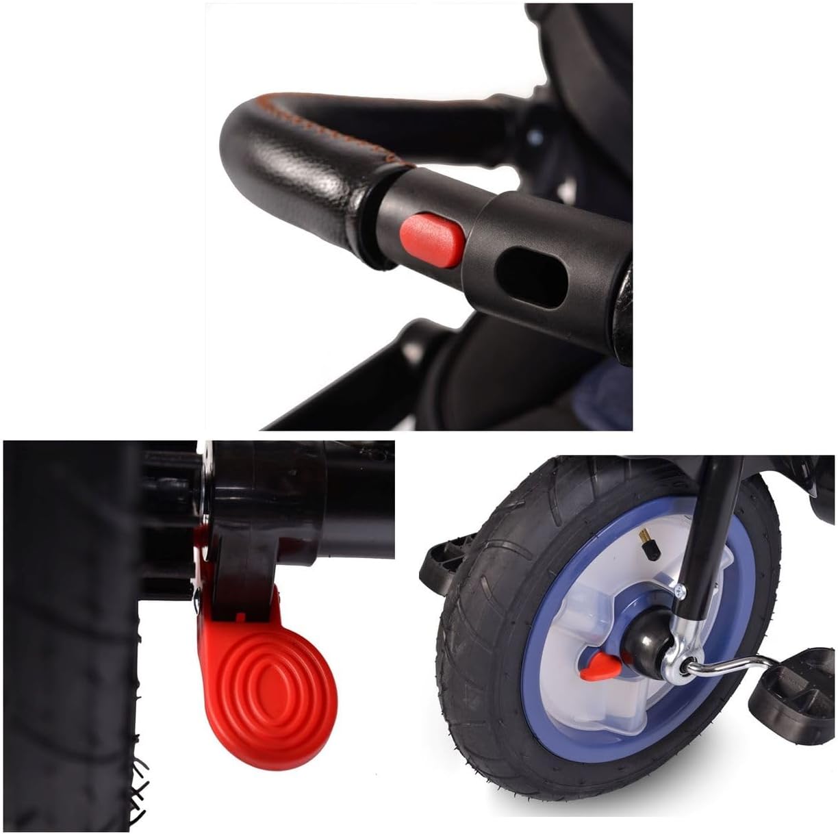 Close-up of the Byox Jockey Tricycle handlebar with music function and a rear wheel brake mechanism