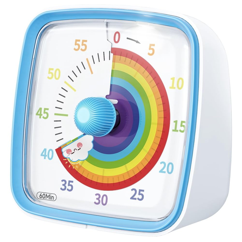 CTRLZS 60-Minute Visual Timer with Night Light, Countdown Timer,Pomodoro Timer with Rainbow Pattern for Kids and Adults Easy Install Easy to Use Blue