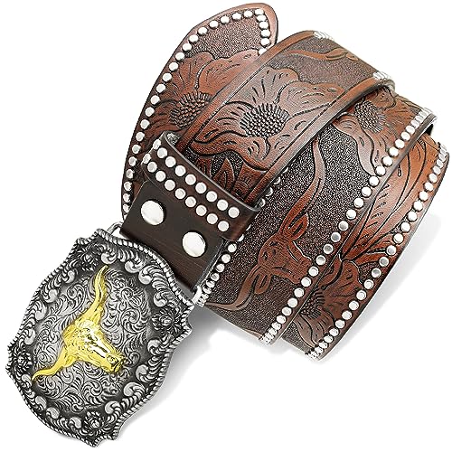 RechicGu Mens Western Leather Buckle Belt, Bull Head Engraved Dark Brown Cowboy Concho Belts With Long Horn Bull Buckles, 1-1/2 Inch Wide M