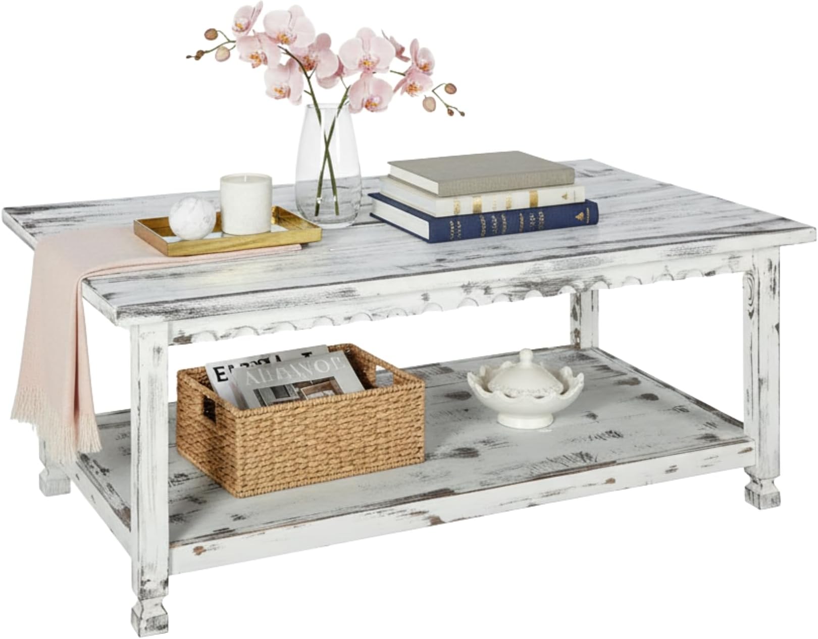Country Cottage 42-Inch Farmhouse Coffee Table with Storage Shelf and White Antique Finish for Living Room or Family Room by Alaterre Furniture
