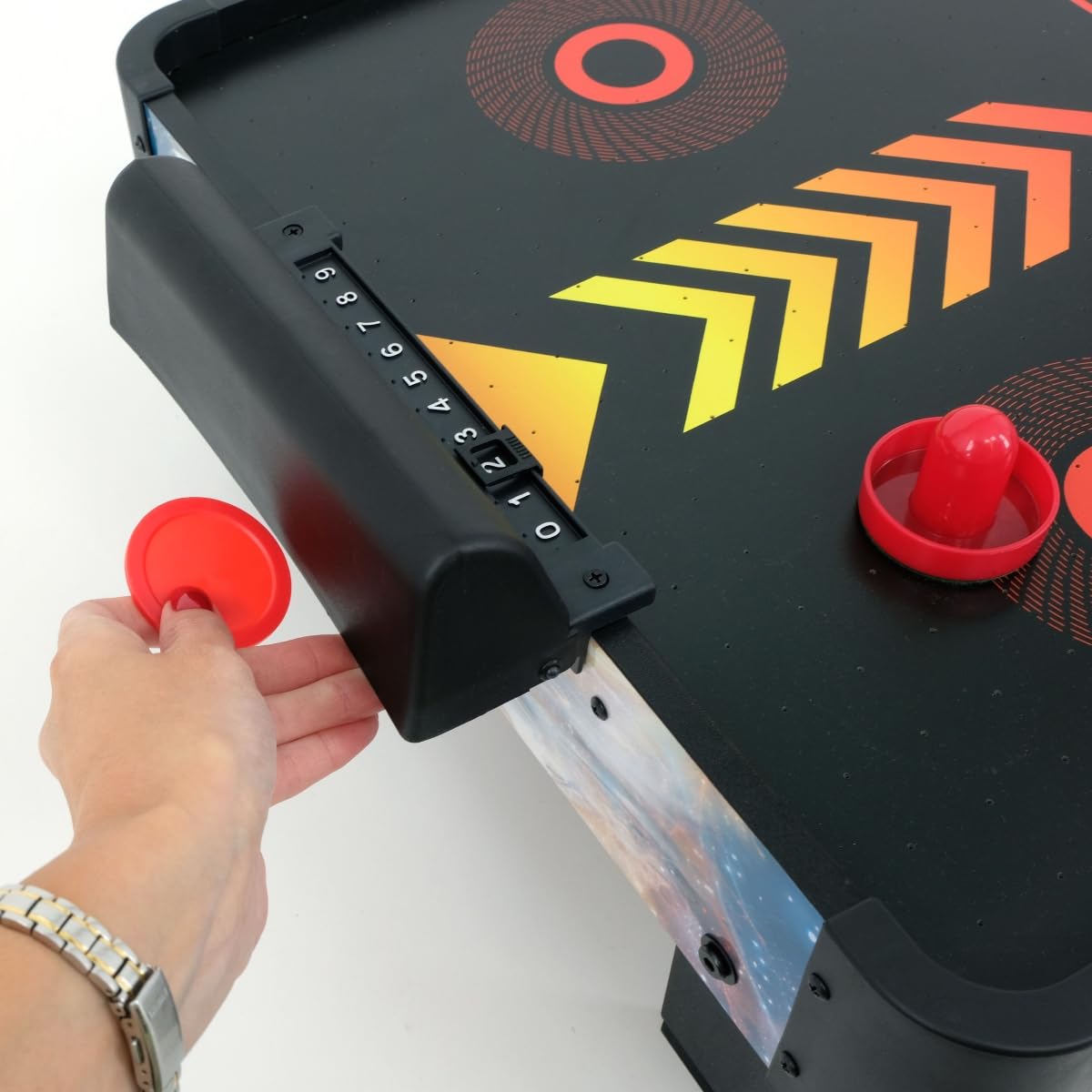 Airhockeytisch für Kinder ab 6 Jahre, Airhockey Game für Tisch mit Gebläse/Motor, Air Hockey Table Top Tischauflage für 2 Spieler inkl. 4x Pusher, 4x Pucks, Torzähler, Zero-G Battle 102x52x20 cm