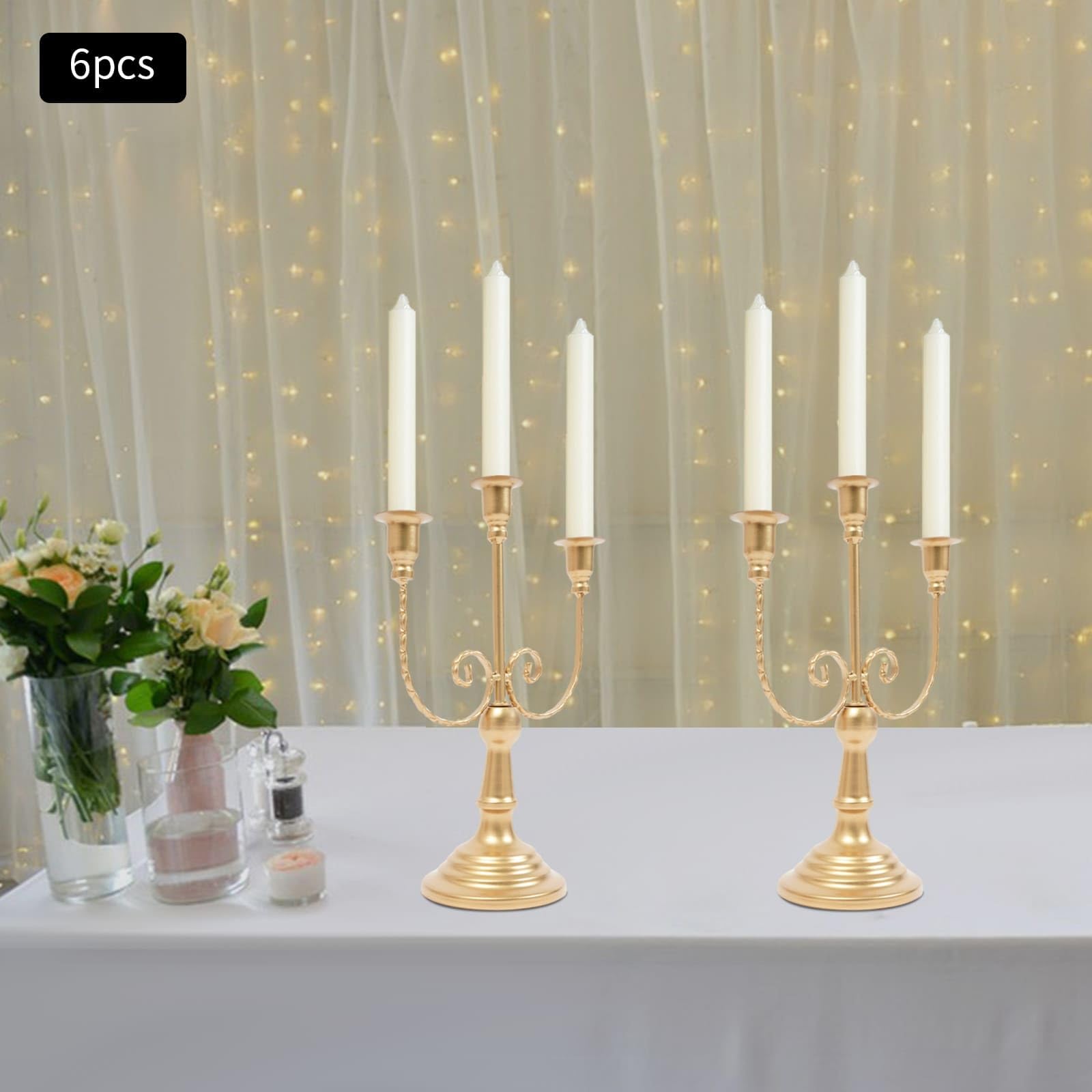 Set di 6 candelieri in metallo a 3 bracci, stile retrò, 20 x 30 cm, per candele da 2 cm, ideale per ristorante, soggiorno, hotel, matrimoni, cene, compleanni (oro)