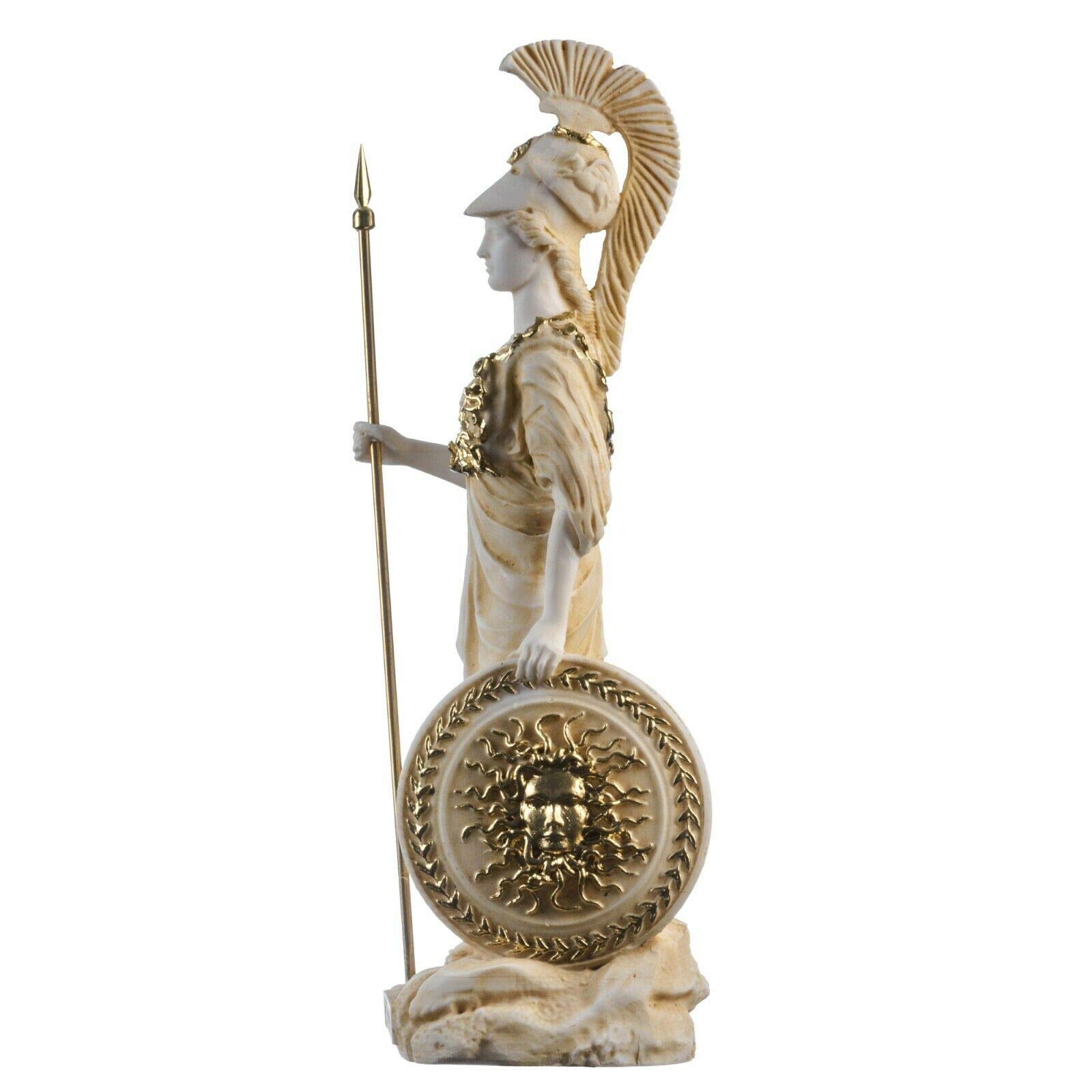 Atenea Con Búho Medusa Escudo Diosa Griega Estatua De Alabastro Oro 27 cm