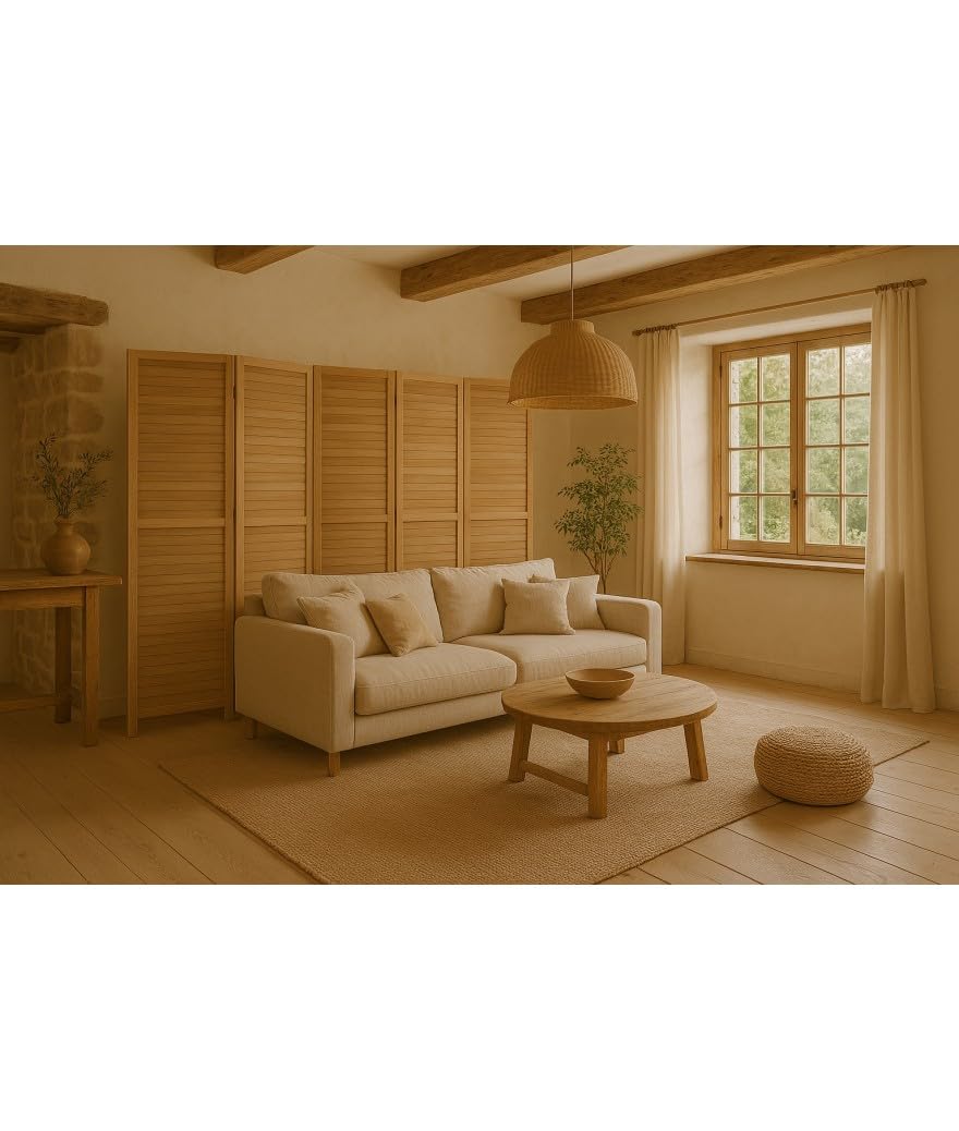 PEGANE Paravent persienne de 5 pans en Bois, Coloris Brun Clair - Dim : H170 x L200cm