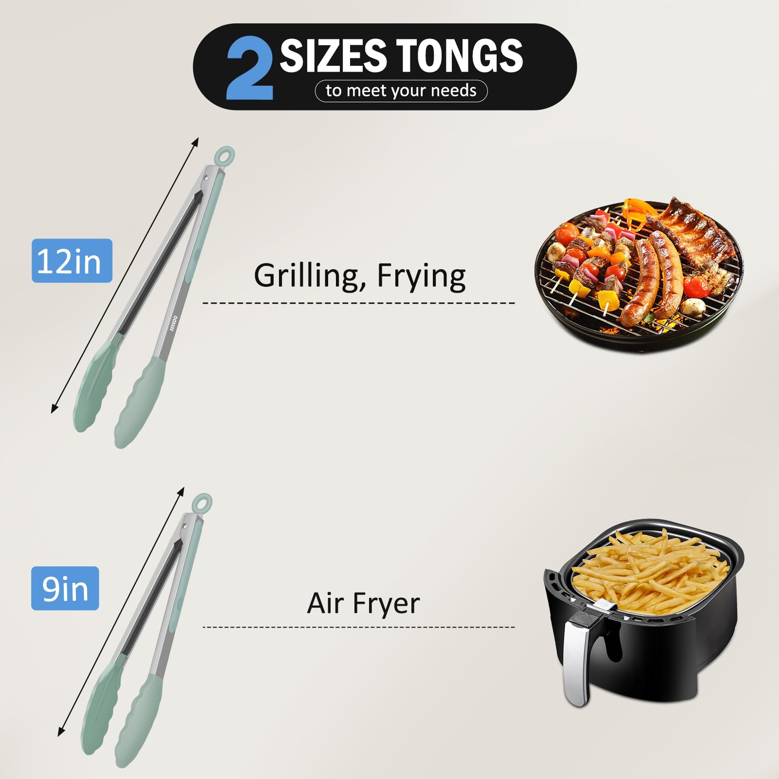 Pinzas de cocina, acero inoxidable de silicona para cocinar 600ºF de alta resistencia al calor, pinzas de bloqueo para barbacoa, juego de 2-9 pulgadas y 12 pulgadas, color gris