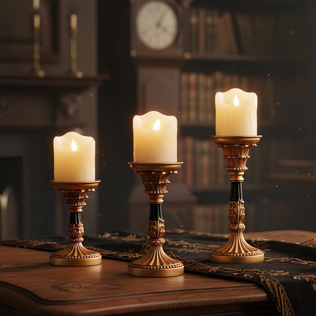 Vintage Candle Holders Set of 3 – Hand-Painted Resin Pillar Candle Stands – Antique Gold Decorative Candle Holder Set for Table Centerpiece, Mantel, Wedding, and Home Decor