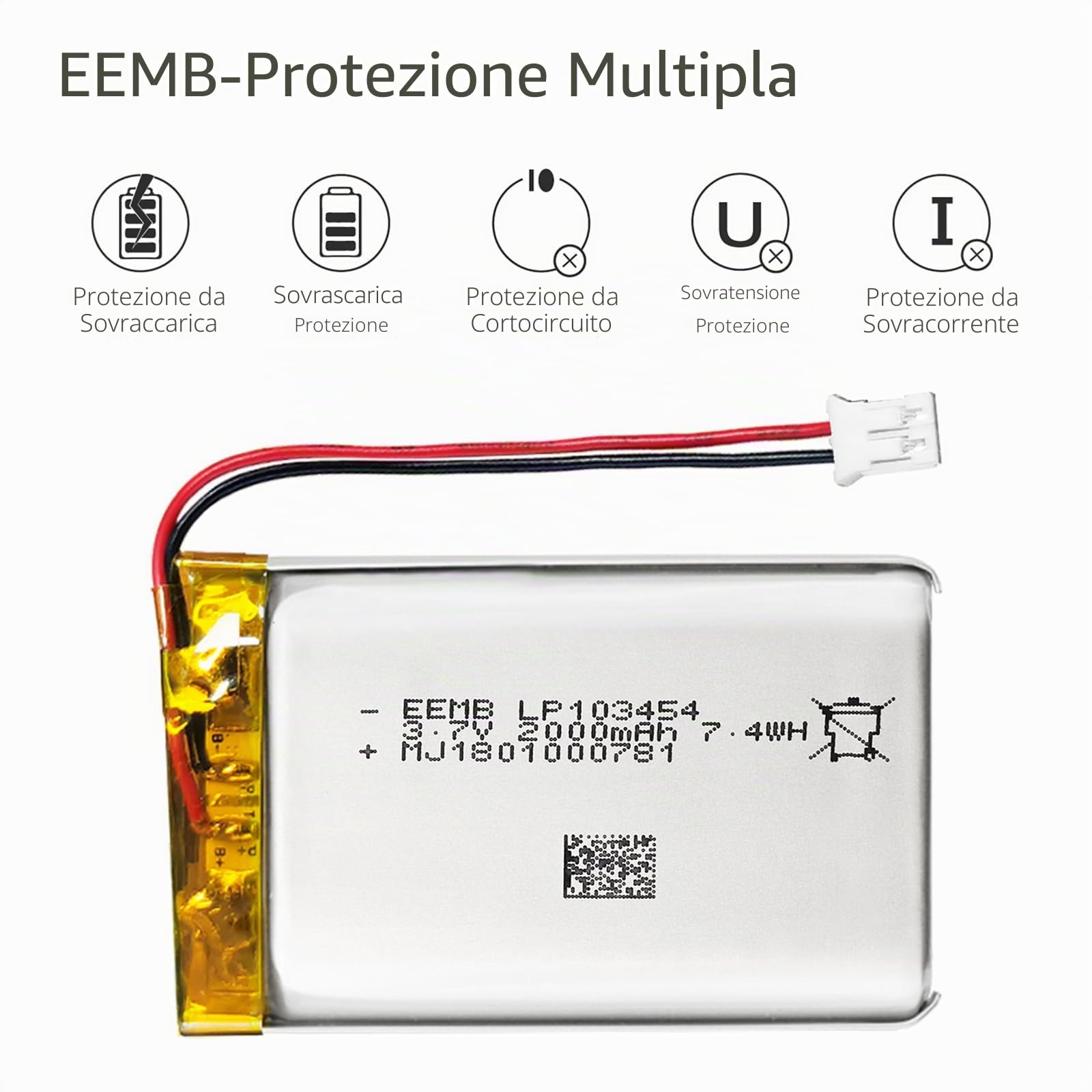 EEMB 3.7V 2000mAh 103454 Lipo Batteria ricaricabile agli ioni di polimero di litio con connettore JST-Assicurarsi che la polarità del dispositivo corrisponda alla batteria prima dell'acquisto!!!