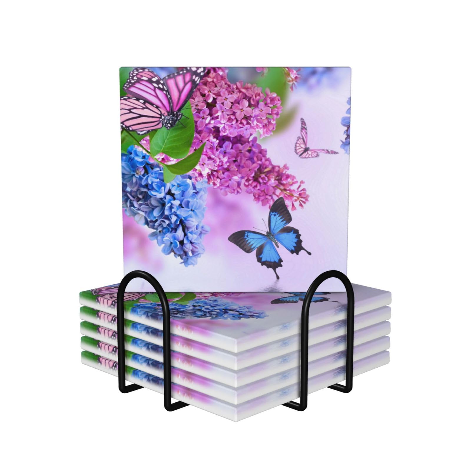 Dessous de verre céramique papillon lot de 6 avec support métal et liège