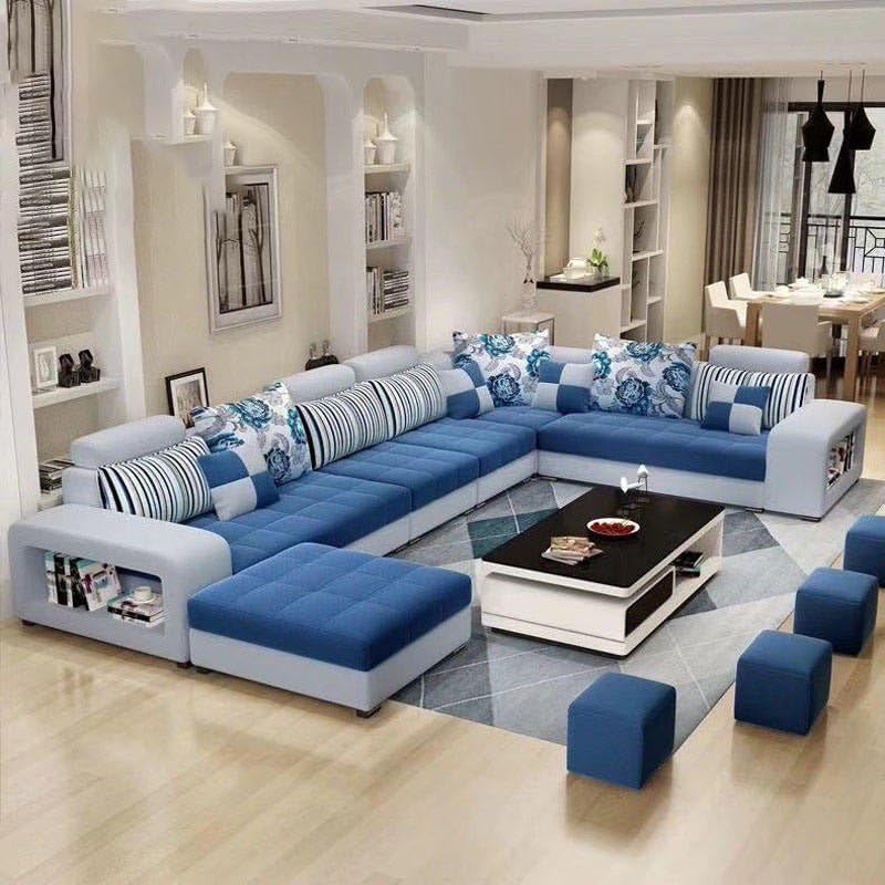 Image of Torque Wood - Allister U Shape 12 Seater Sofa Set for Living Room (Left Side, Blue & Light Grey) | U Shaped Sofa Couch with 4 Puffy for Hall Guest Room | 1 Years Warranty