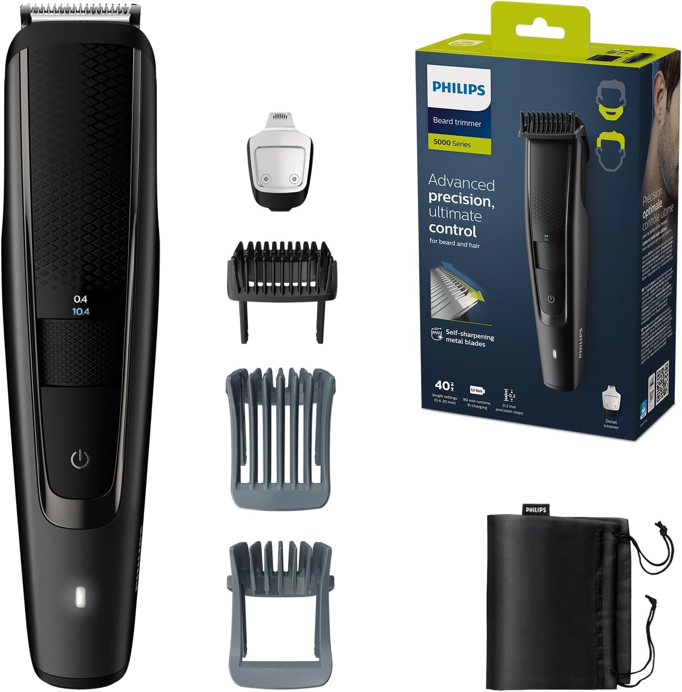 Philips Beard Trimmer S5000 - Electric Beard Trimmer for Men, Comb Attachments, Lift and Trim Pro System, 40 Adjustable Cutting Lengths, 90 Minutes Battery Operation and 1 Hour Charging Time