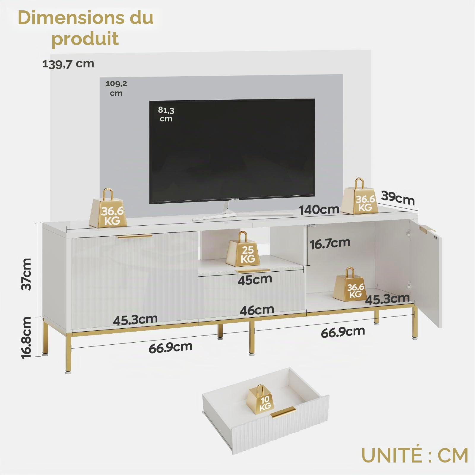 Bestier Meuble TV pour téléviseurs 55/60 Pouces, Meuble multimédia Moderne avec Rangement, Console multimédia avec Motif ondulé pour Salon et Chambre à Coucher, Blanc Brillant